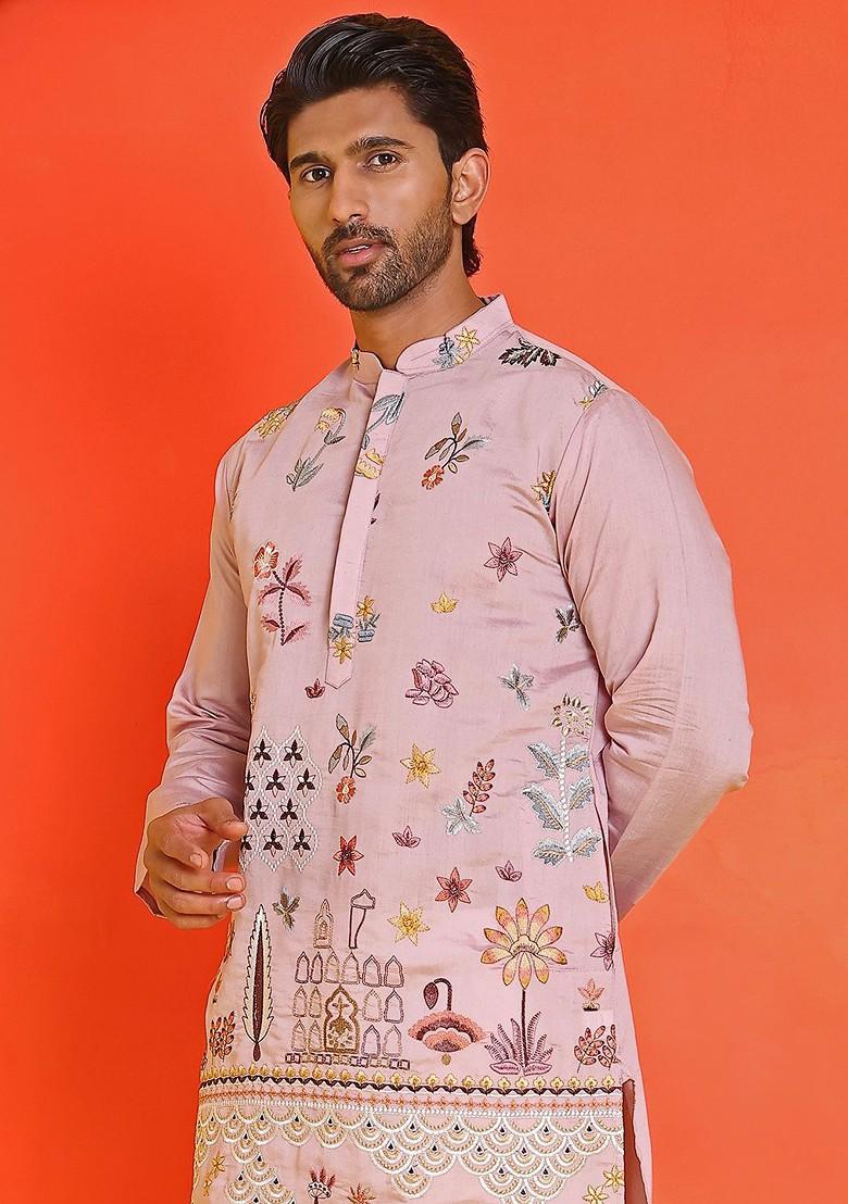 Purple Embroidered Poly Blend Kurta For Men