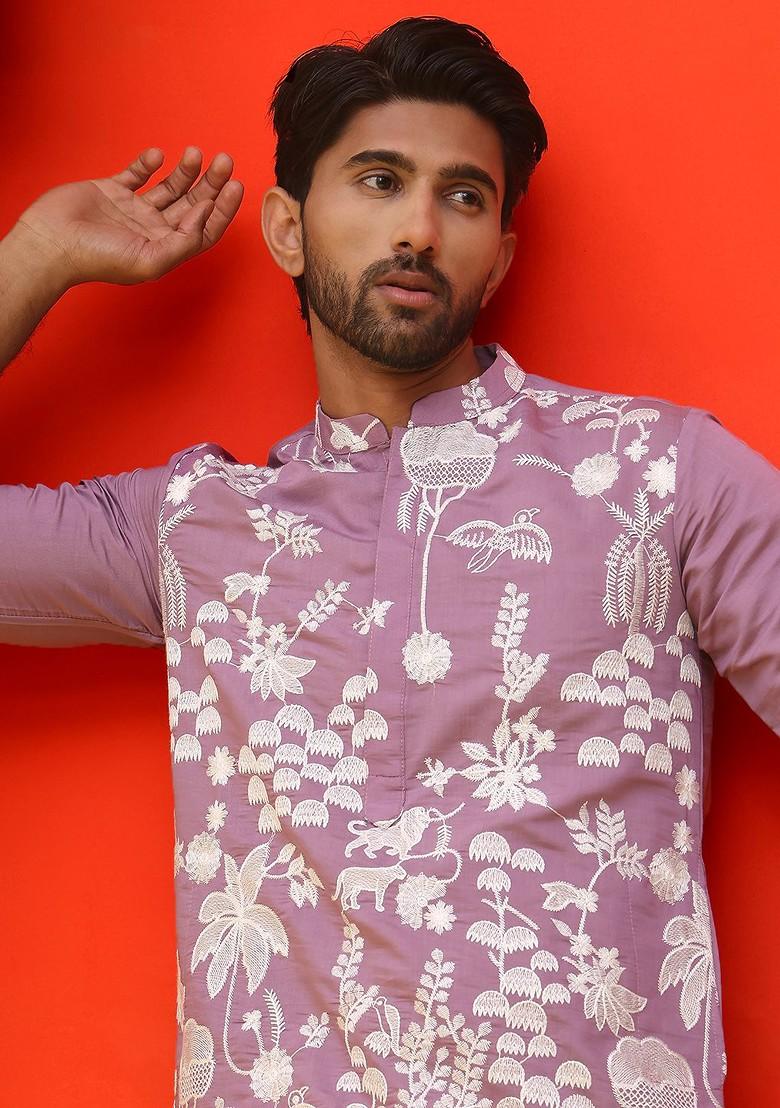 Lavender Embroidered Poly Blend Kurta For Men