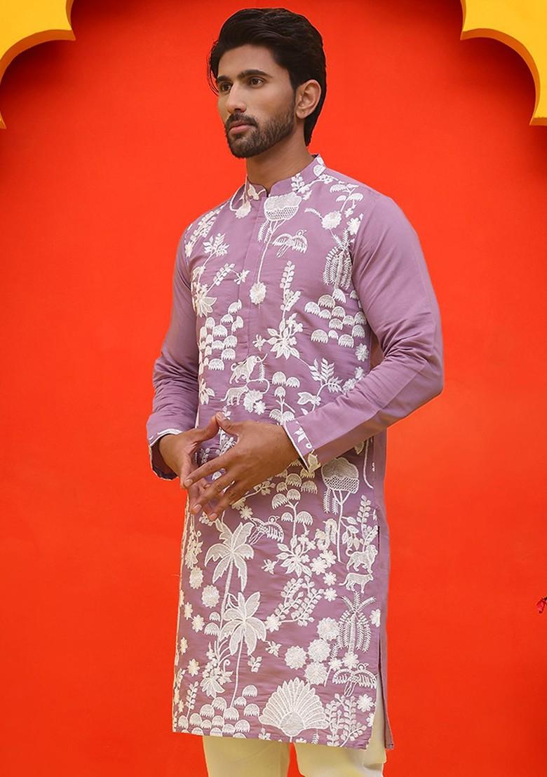 Lavender Embroidered Poly Blend Kurta For Men