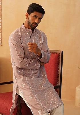 Peach Embroidered Poly Blend Kurta For Men