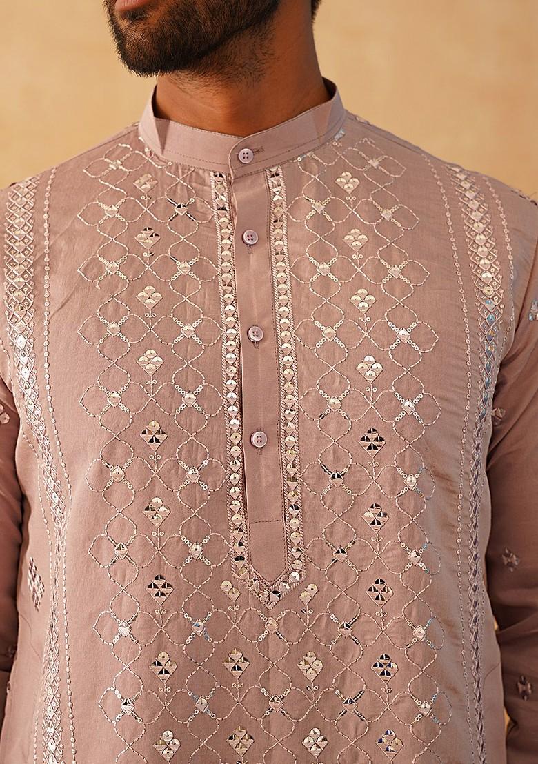 Peach Embroidered Poly Blend Kurta For Men