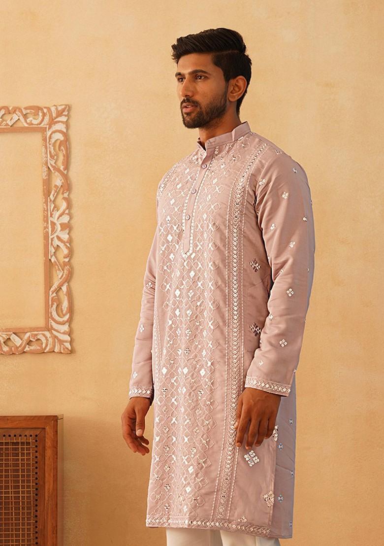Peach Embroidered Poly Blend Kurta For Men