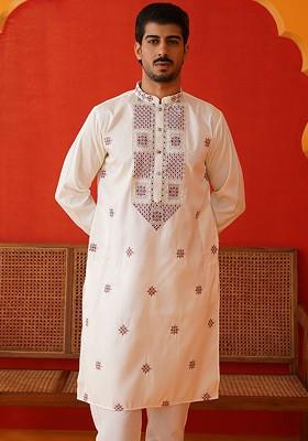 Off White Embroidered Poly Blend Kurta For Men