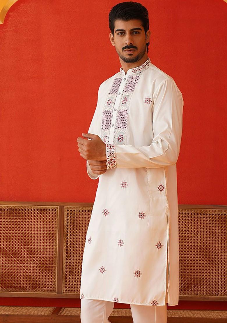 Off White Embroidered Poly Blend Kurta For Men
