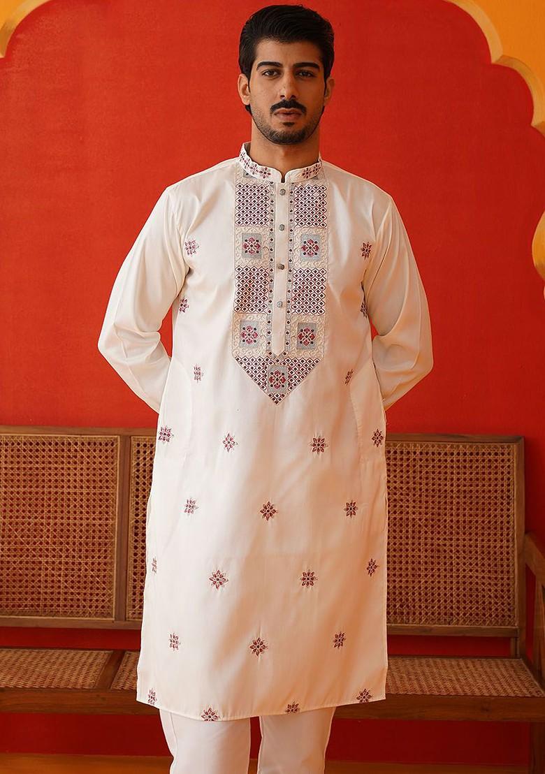 Off White Embroidered Poly Blend Kurta For Men