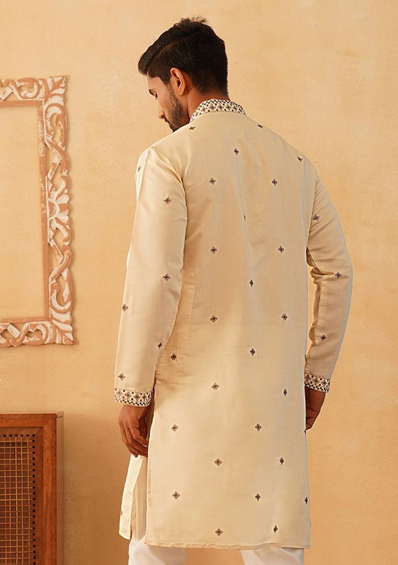 Cream Embroidered Poly Blend Kurta For Men