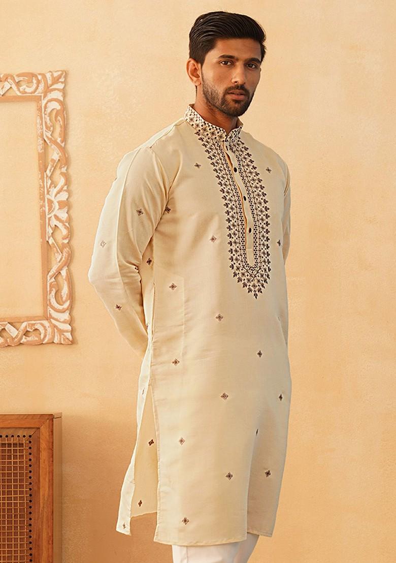Cream Embroidered Poly Blend Kurta For Men