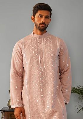 Peach Embroidered Poly Blend Kurta For Men