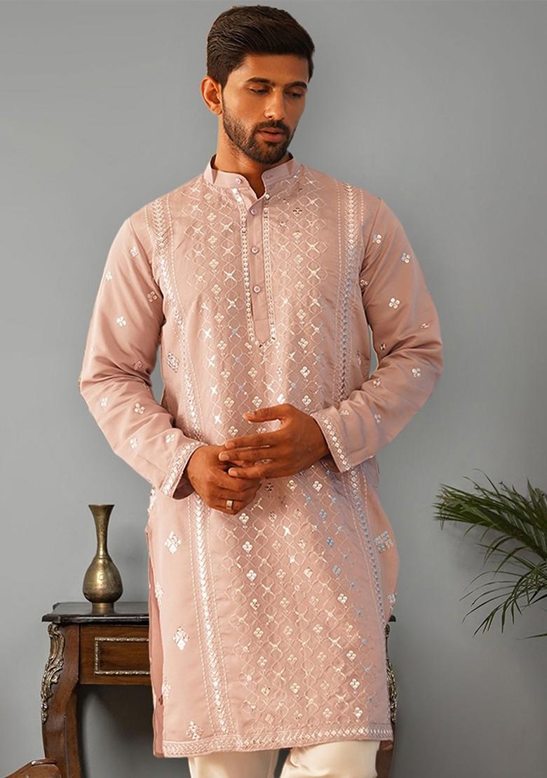 Peach Embroidered Poly Blend Kurta For Men