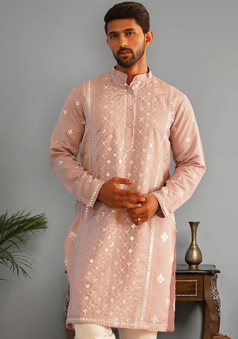 Peach Embroidered Poly Blend Kurta For Men
