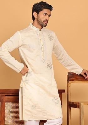 Cream Embroidered Poly Blend Kurta For Men