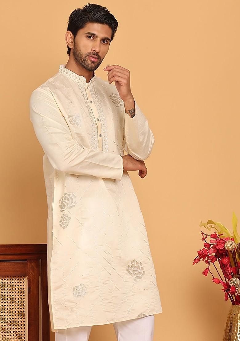 Cream Embroidered Poly Blend Kurta For Men