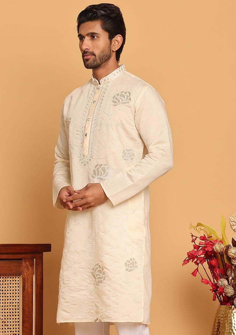 Cream Embroidered Poly Blend Kurta For Men