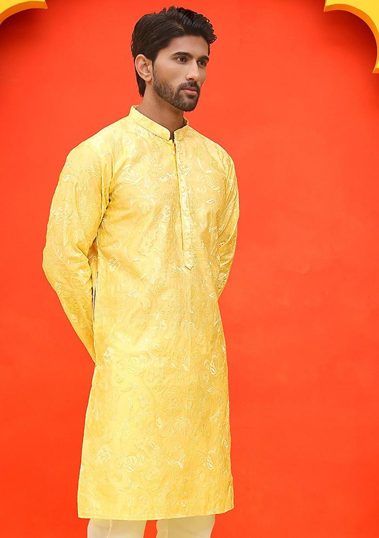 Yellow Embroidered Poly Blend Kurta For Men