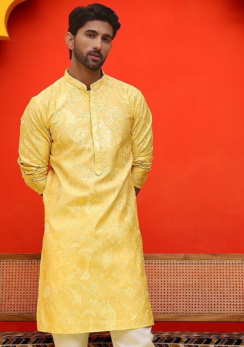 Yellow Embroidered Poly Blend Kurta For Men