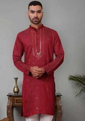 Maroon Embroidered Poly Blend Kurta For Men