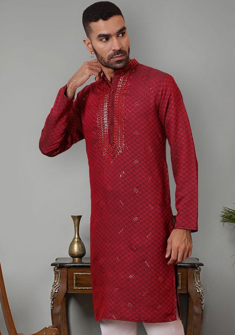 Maroon Embroidered Poly Blend Kurta For Men