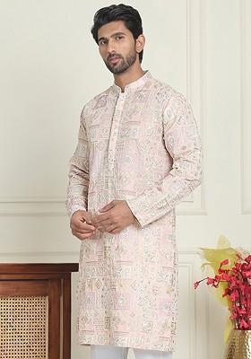Peach Embroidered Poly Blend Kurta For Men