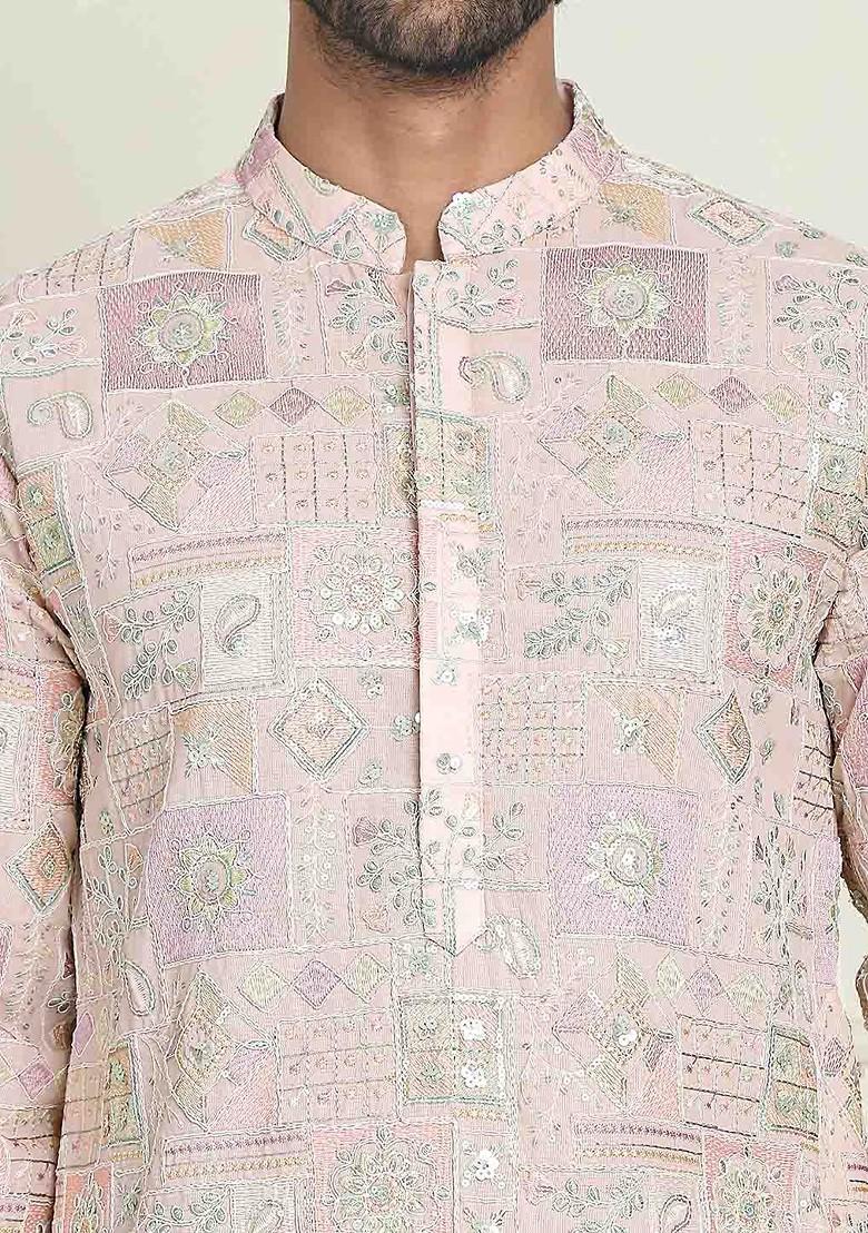 Peach Embroidered Poly Blend Kurta For Men
