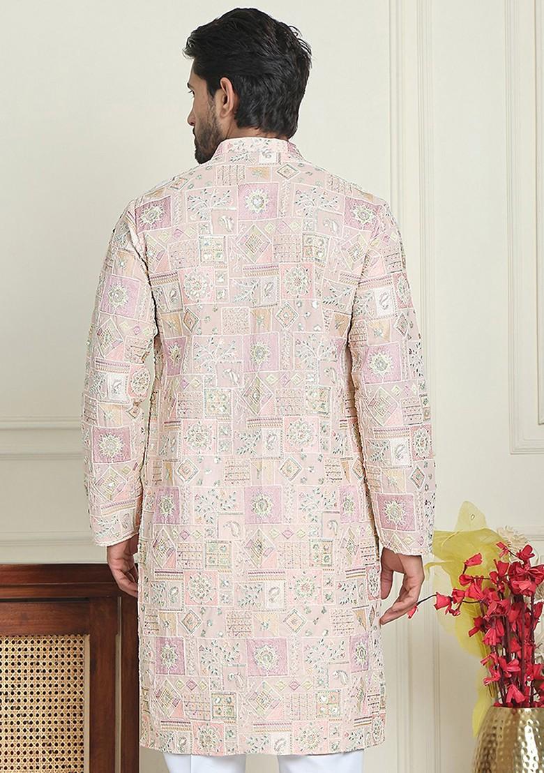 Peach Embroidered Poly Blend Kurta For Men