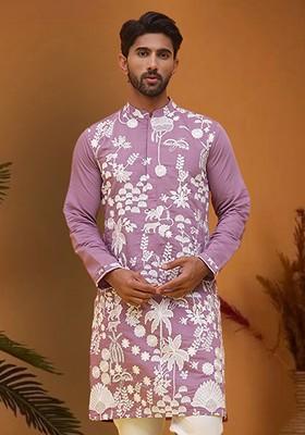 Lavender Embroidered Poly Blend Kurta For Men