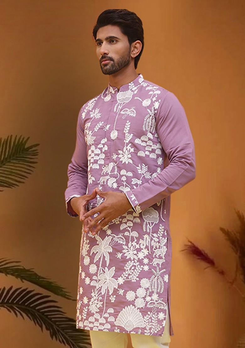 Lavender Embroidered Poly Blend Kurta For Men