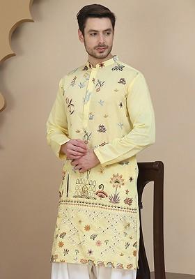 Yellow Embroidered Poly Blend Kurta For Men