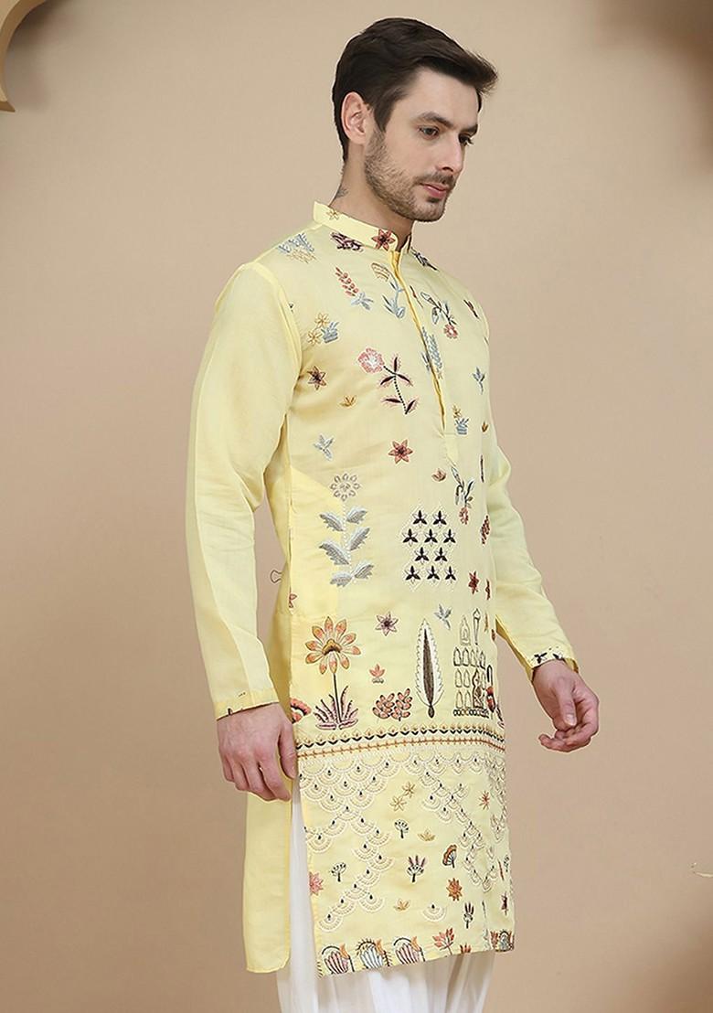 Yellow Embroidered Poly Blend Kurta For Men