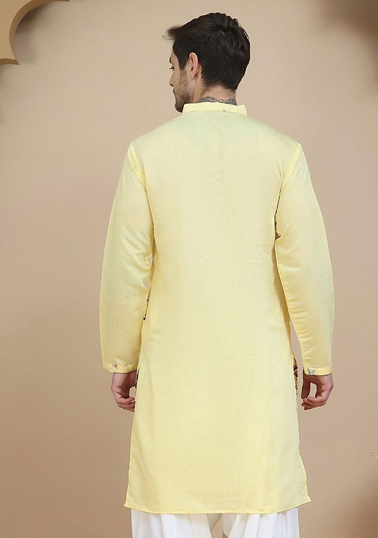 Yellow Embroidered Poly Blend Kurta For Men