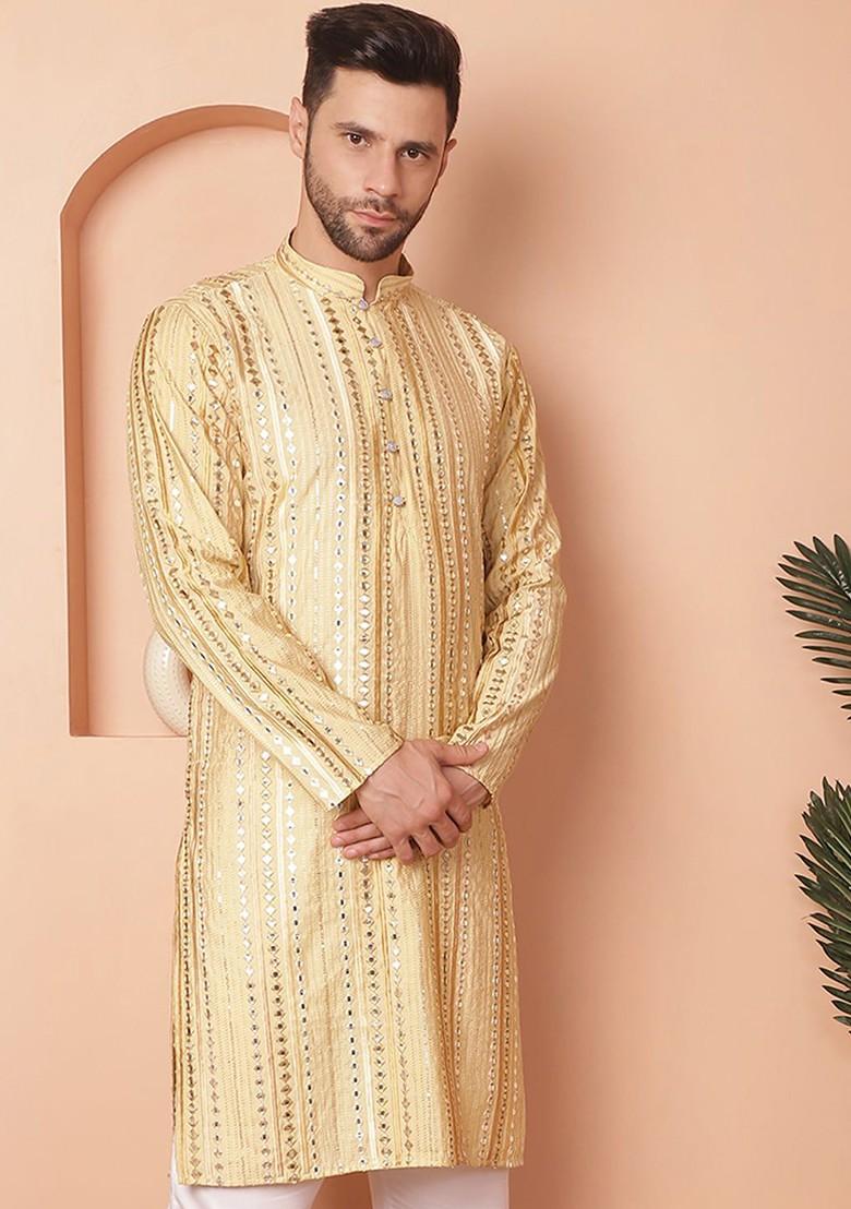 Gold Embroidered Poly Blend Kurta For Men