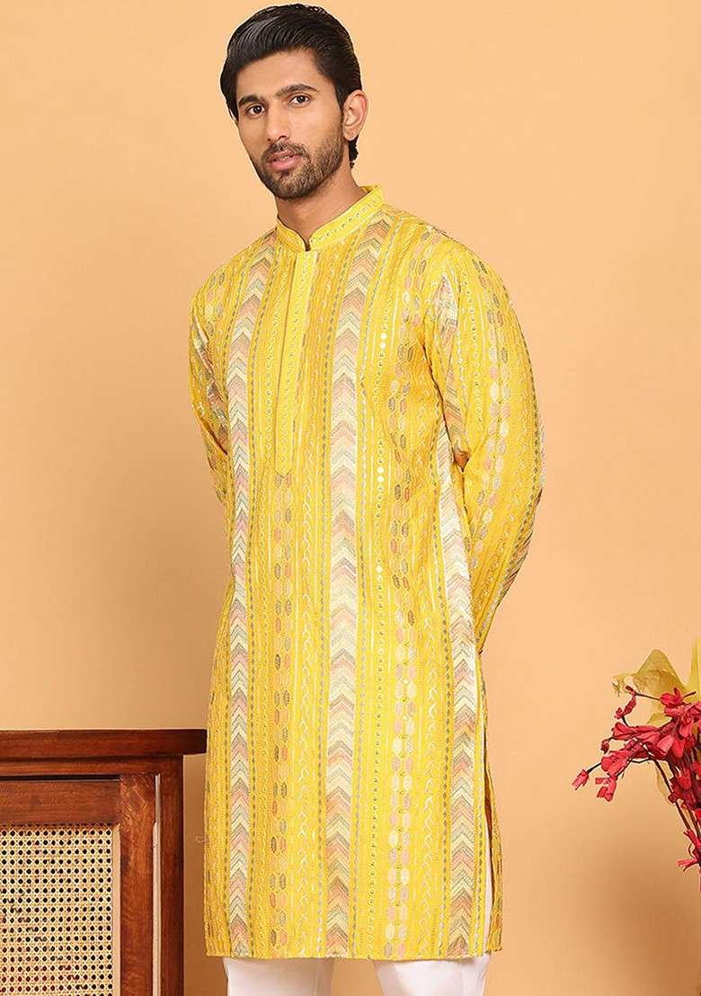 Yellow Embroidered Poly Blend Kurta For Men - Indya