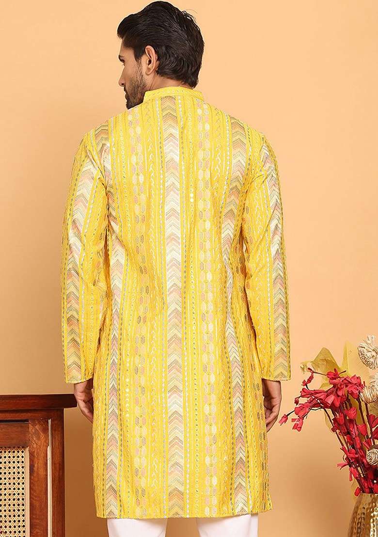 Yellow Embroidered Poly Blend Kurta For Men - Indya