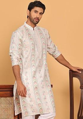 White Embroidered Poly Blend Kurta For Men