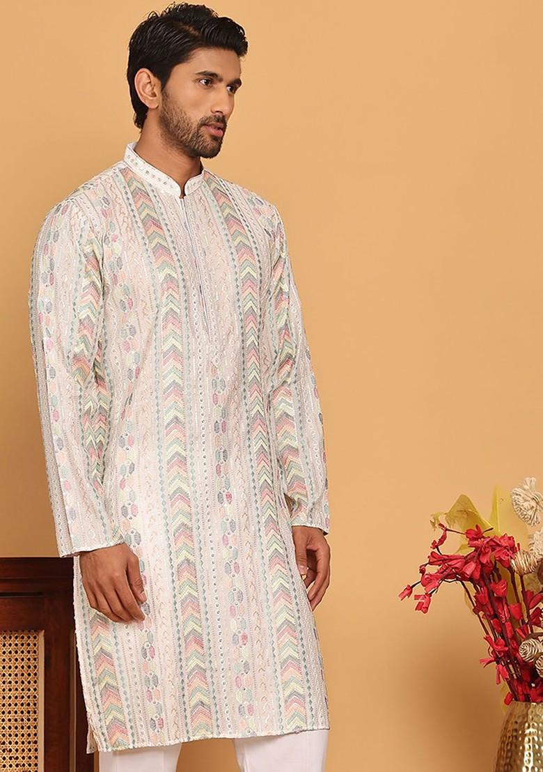 White Embroidered Poly Blend Kurta For Men