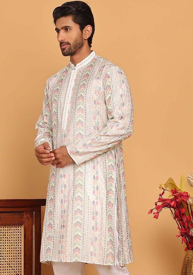 White Embroidered Poly Blend Kurta For Men