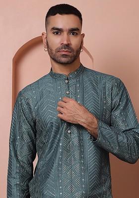 Teal Blue Embroidered Poly Blend Kurta For Men