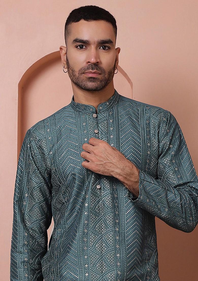 Teal Blue Embroidered Poly Blend Kurta For Men