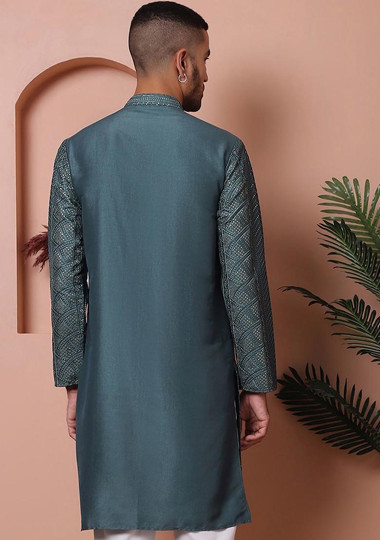 Teal Blue Embroidered Poly Blend Kurta For Men