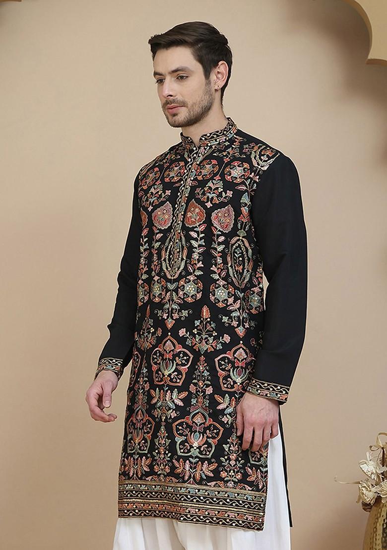 Black Embroidered Poly Blend Kurta For Men