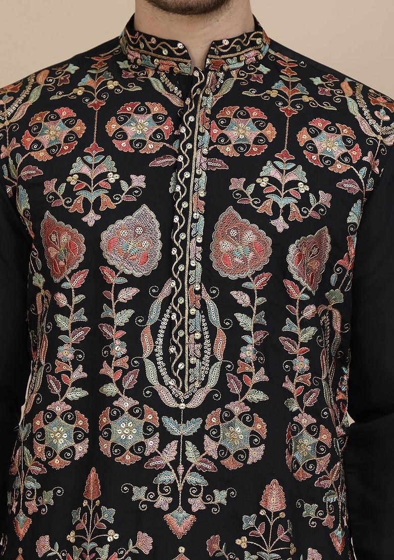 Black Embroidered Poly Blend Kurta For Men