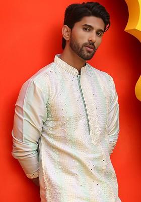 Lavender Embroidered Poly Blend Kurta For Men