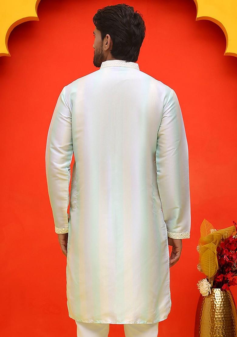 Lavender Embroidered Poly Blend Kurta For Men