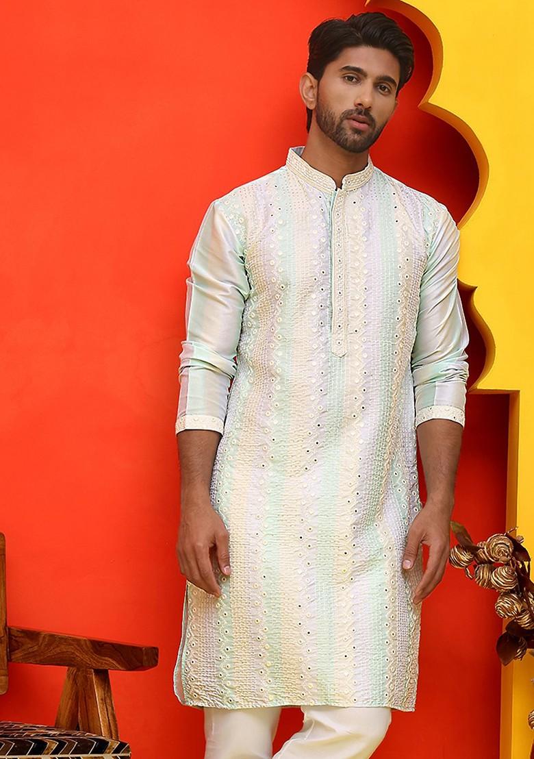 Lavender Embroidered Poly Blend Kurta For Men