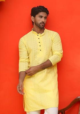 Yellow Embroidered Poly Blend Kurta For Men