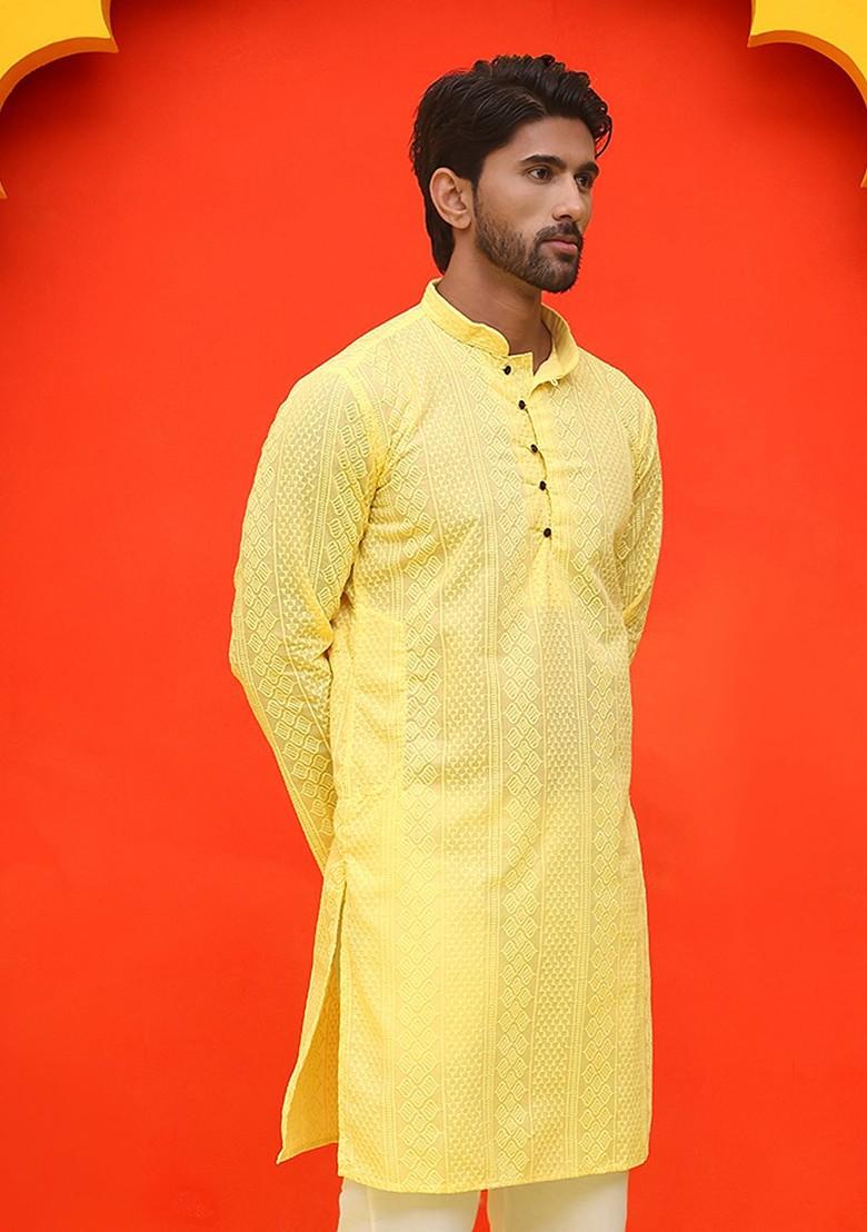 Yellow Embroidered Poly Blend Kurta For Men