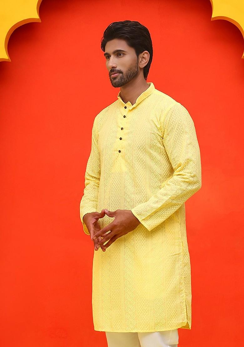 Yellow Embroidered Poly Blend Kurta For Men