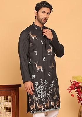 Black Embroidered Poly Blend Kurta For Men