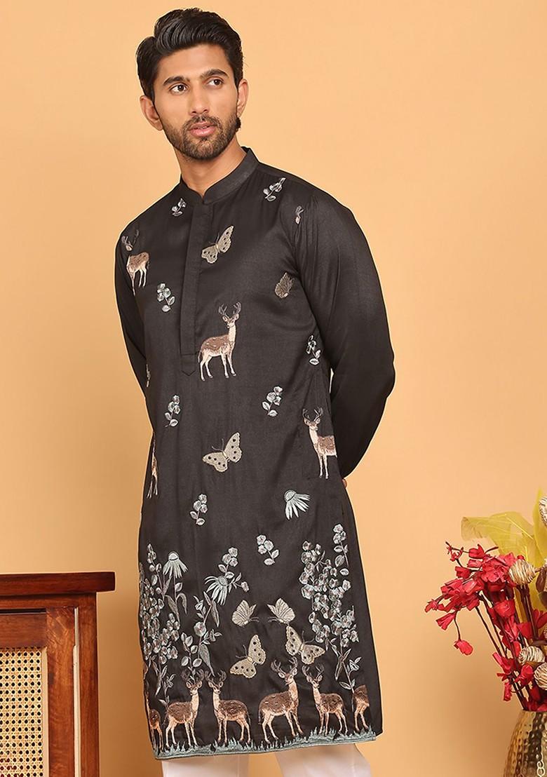 Black Embroidered Poly Blend Kurta For Men