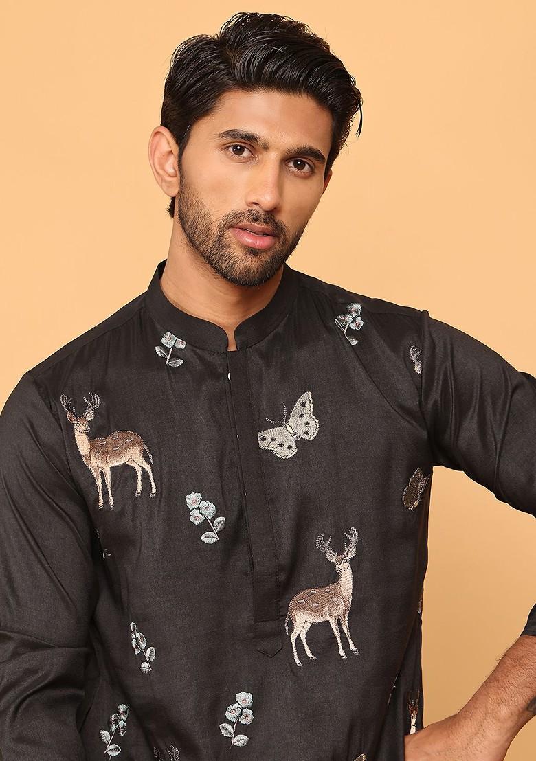 Black Embroidered Poly Blend Kurta For Men