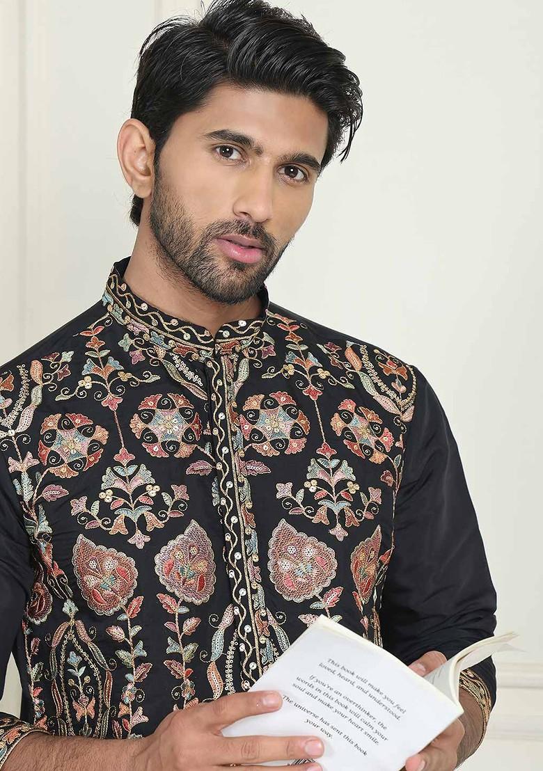 Black Embroidered Poly Blend Kurta For Men